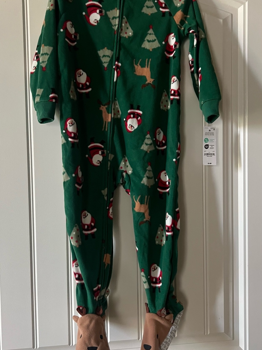 Kids Green Holiday Santa & Reindeer One-Piece Pajamas